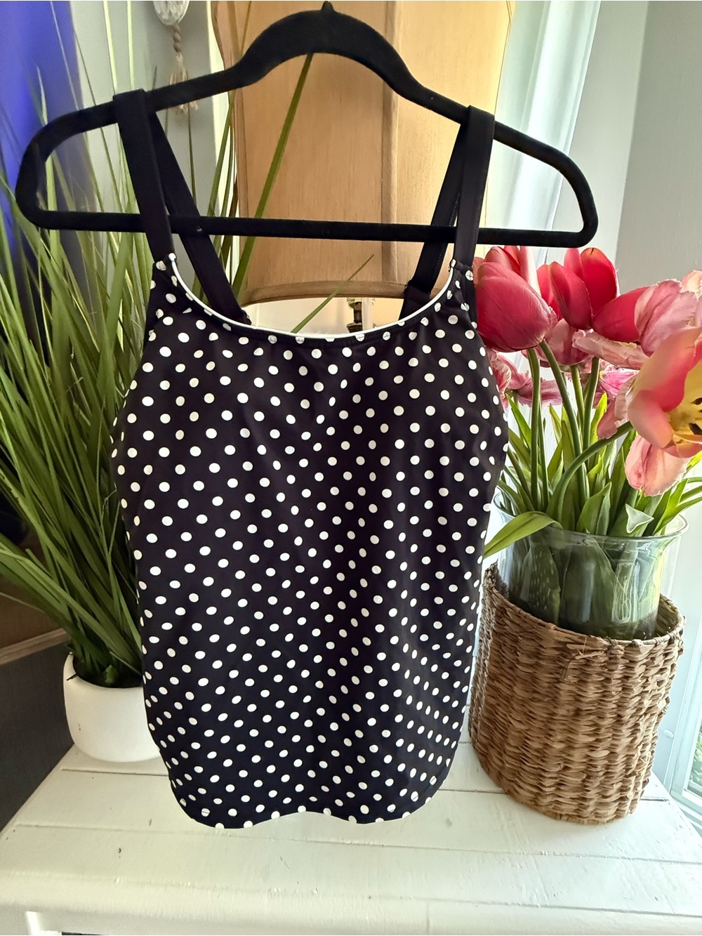 Lands End Tankini Swim Top Womens Size 4 White Polka Dot Classic Pin Up